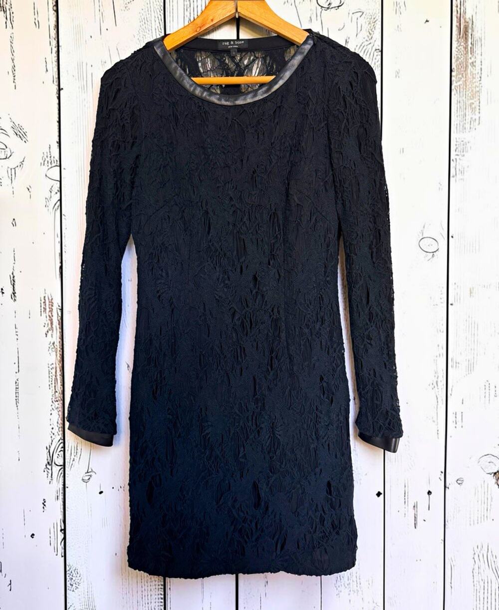 rag & bone Women's Black Floral Lace Mini Dress Long Sleeve Leather Trim Size 4